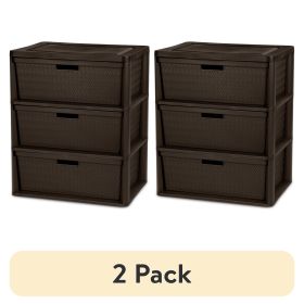 (2 pack) Wide 3 Drawer Tower, Easy to Assemble with Removable Decorative Cross-Weave Plastic Drawers, Tool-Free, Brown