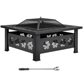 32 Inch Square Outdoor Wood Burning Fire Pit Table, Heavy Duty Wrought Iron Firepit With Pyramid Screen Lid & Fire Poker, Decorative Floral Cutou (Option: 32273278)