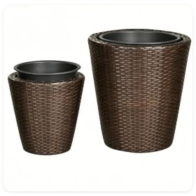 2-Piece PP Rattan Planter Set, 15 & 12 Tapered Square Flower Pots with Built-in Inner Pots & Drainage Holes for Indoor Outdoor Patio Garden (Option: Default Title)