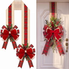 Christmas Door Bow, Vintage Plaid Burlap Double Bow Decor (Option: red)