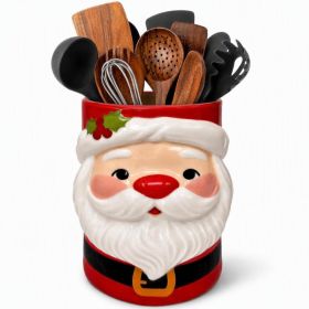 Christmas Ceramic Utensil Holder, Santa Claus Kitchen Decor, 3 Santa Countertop Storage Crock For Cooking Utensils, Baking Tools, Holiday Decorat (Option: red)