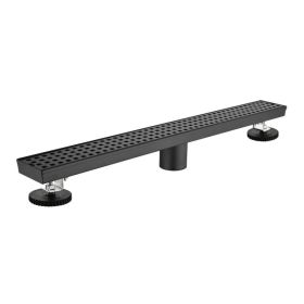 24 Inch Linear Shower Drain with Removable Square Patterned Grate, 304 Stainless Steel with Hair Strainer and Leveling Feet, Matte Black (Option: Default Title)