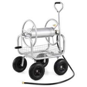 Heavy Duty Garden Hose Reel Cart with 10" Pneumatic Wheels, Large Capacity Hose Winder with Storage Basket & Brass Fittings -Silver (Option: Default Title)