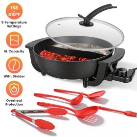 6L Electric Hot Pot with Divider 1100W Dual-Flavor Pot Shabu Shabu Pot Non-Stick with 5-Temp Control for Shabu Shabu Fondue Perfect for Family Ga (Option: Black)