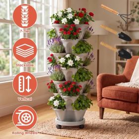 7-Tier Vertical Stackable Planter Tower with Casters, Space-Saving Stack-Up Garden Pots with Complete Tool Kit for Balcony, Deck, Indoor & Outdoo (Option: Grey)