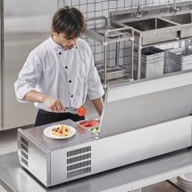 Refrigerated Condiment Prep Station, 135 W Countertop Refrigerated Condiment Station, with 2 1/3 Pans & 4 1/6 Pans, 304 Stainless Body and PC Lid (Option: Silver)