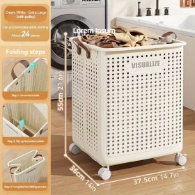 Collapsible Laundry Basket with Wheels, Medium-Large White Ceramic Look Hamper with Faux Leather Handles (Color: Cream, size: XL)