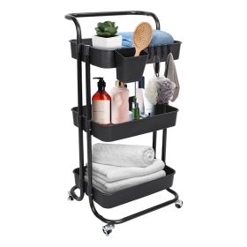 3 Tier Rolling Utility Cart Movable Storage Organizer with Mesh Baskets Lockable Wheels 360 Degree Rotatable Hanging Box Hooks Bedroom Bathroom K (Color: Black, Type: 3 Tier)