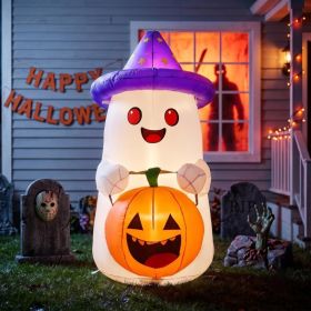 5 FT Halloween Inflatables Decor, Cute Inflatable Ghost With Pumpkin, Built In 2 LEDs For Halloween Garden, Patios & Indoor Parties Party Decorat (Option: White)