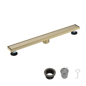 30 Inch Linear Shower Drain with 2-in-1 Flat & Tile Add Removable Cover, 304 Stainless Steel with Hair Strainer and Leveling Feet, Brushed Gold (Option: Default Title)